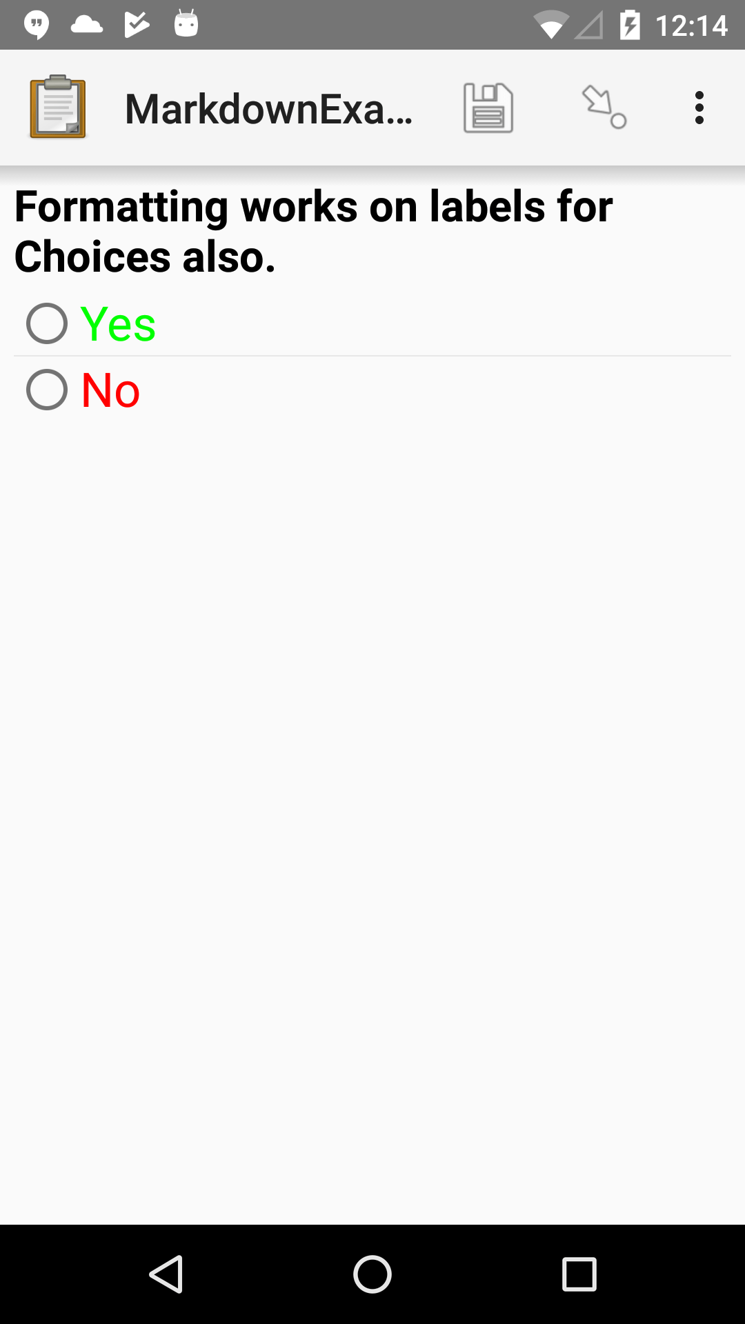 A single select widget in Collect. The label text is "Formatting works on labels for choices also." The choices are "Yes" (which is colored green) and "No" (which is colored red).